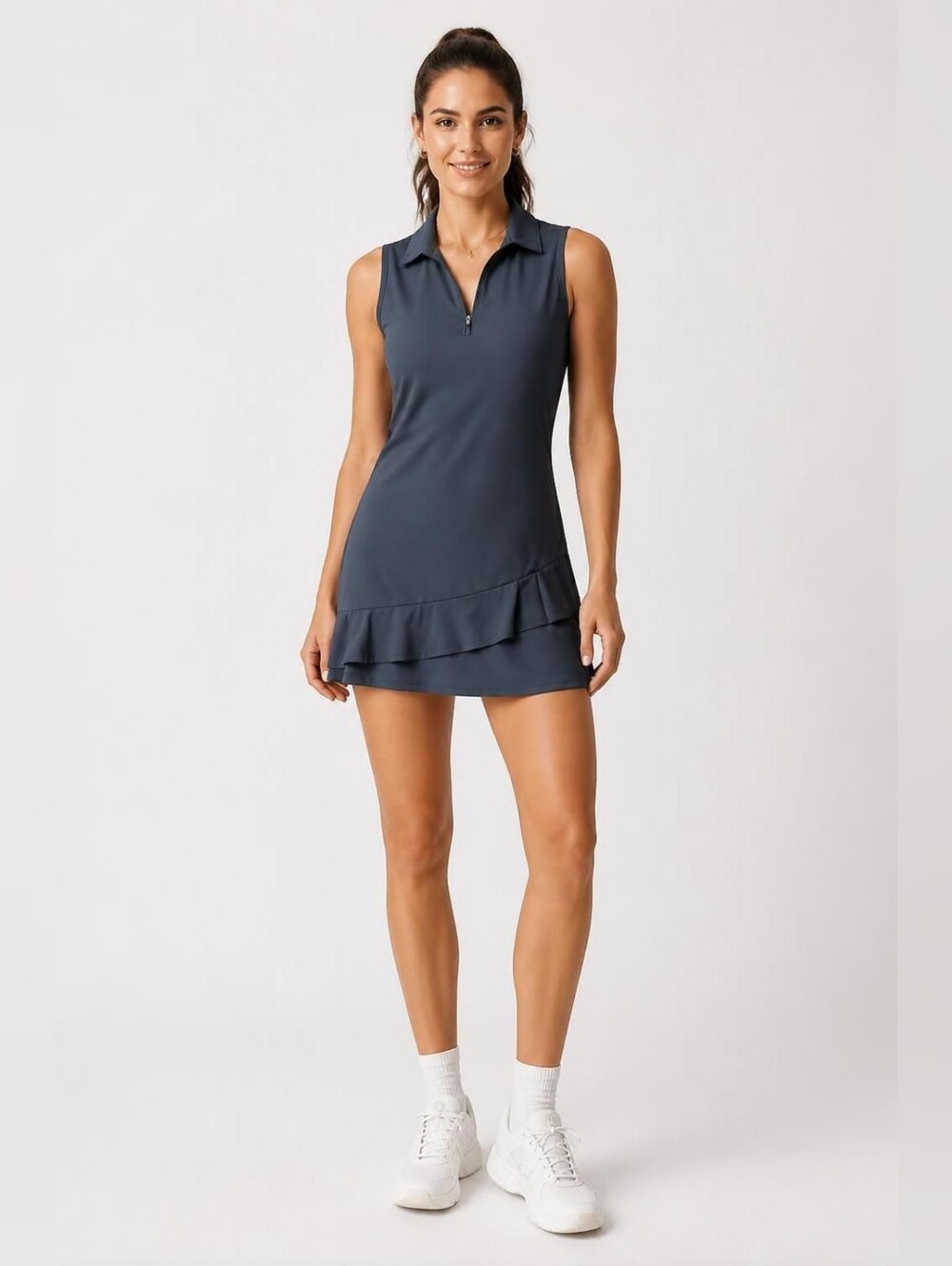 Gradual Medium Dark Navy Sleeveless Ruffled Hem Tennis Dress